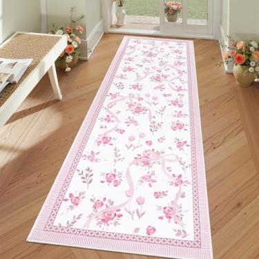 Imagem de GarveeHome Corredores para corredores antiderrapante, tapete de corredor de cozinha 5 x 15 cm tapetes de laço rosa e branco para quarto de meninas, tapete de área floral lavável macio para decoração