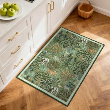 Imagem de GarveeHome Tapete de selva 5 x 7 cm com estampa animal, antiderrapante, lavável, para entrada, cozinha, interior, tapete de porta pequeno, tapete florestal para quarto, decoração de casa, verde