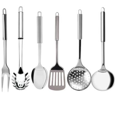 Imagem de Kit Utensílios para Cozinha Inox Escumadeira Concha Colher de Arroz Pegador Massa Garfo Trinchante (6 Peças)