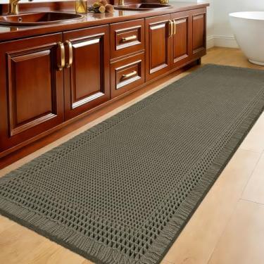 Imagem de Tapete de banheiro de waffle atualizado, 1,7 m x 5 cm com borda verde acinzentada, tapetes de banheiro super absorventes antiderrapantes de secagem rápida com borlas, tapetes de banho boho laváveis na