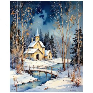 Imagem de Kit de pintura de paisagem de inverno por números para adultos - DIY pintura de ponte e igreja com neve em tela, conjunto de tinta acrílica, adequado para iniciantes, arte para decoração de casa ou