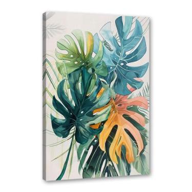 Imagem de Arte de parede de folhas tropicais – Impressão de folha de palmeira verde aquarela, pôster Monstera, decoração de plantas tropicais modernas para sala de estar em casa (SKU2,16 x 61 cm = (40 x 60 cm