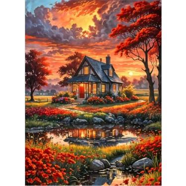 Imagem de CXYQLC Kits de pintura de diamante 5D DIY para adultos, arte de diamante, lindo cenário, casa, árvore, lago, pintura de diamante, broca completa, kits de artesanato para decoração de parede de casa