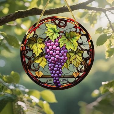 Imagem de Acrílico colorido Suncatcher, vitral, uvas, folhas, videiras, janela suspensa de 18 cm, decoração de parede com design de vitral impresso, ideia de presente e ornamento de jardim, uso interno e