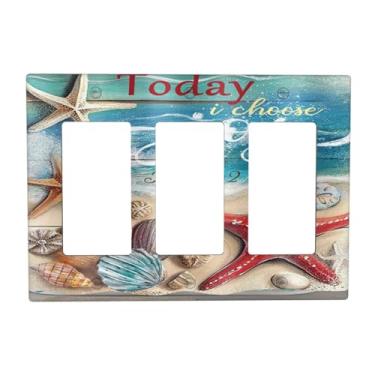 Imagem de Concha de praia estrela do mar em placa de madeira 3 interruptores de luz basculante de interruptor de luz decorativa tripla saída placa de parede placa de parede placa de interruptor decorativo GFCI para decoração de quarto de banheiro country
