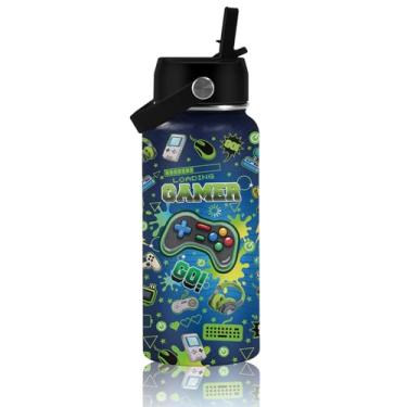 Imagem de Presentes para amantes de jogos – Garrafa de água gamer de 947 ml com canudo, garrafa de água de aço inoxidável para jogos, à prova de vazamento, livre de BPA, garrafas de água com isolamento