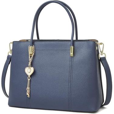 Imagem de FOXLOVER Bolsas femininas com alça superior de couro de grande capacidade, bolsas de ombro modernas com pingente em forma de coração, Azul, 11.3 x 8.46 x 4.72 inches