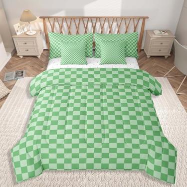 Imagem de jejeloiu Jogo de cama quadriculado quadriculado, 7 peças, solteiro, clássico, xadrez, com lençol para meninos e meninas, cinza claro, macio e leve em microfibra