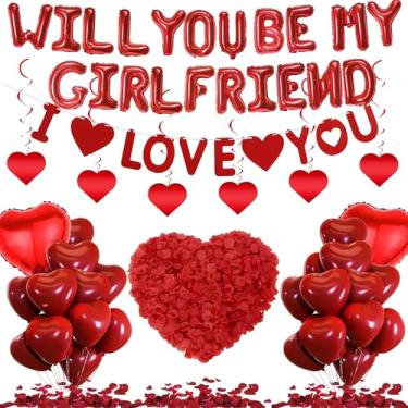 Imagem de Will You Be My Girlfriend - 59 peças de balões vermelhos de carta de confissão balões de coração pétalas de rosa I Love You Banner redemoinhos para festa romântica noite casamento noivado dia dos