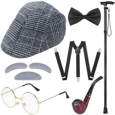 Imagem de ERDOGLY Conjunto de acessórios de fantasia de velho, 100 dias de escola, acessórios de vovô com chapéu de jornaleiro cinza, óculos, bengala, gravata borboleta, suspensório para fantasias masculinas