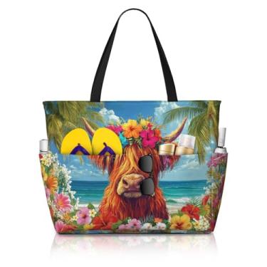 Imagem de Bolsas de praia femininas com estampa fofa, à prova d'água, à prova de areia, bolsa feminina com zíper, bolsas coloridas de piscina para academia e viagens, Highland Cow 01, One Size
