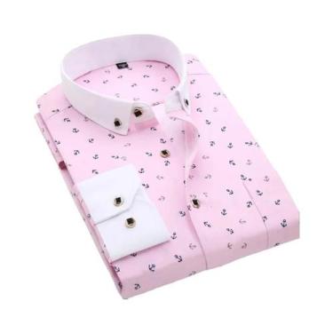 Imagem de Camisa Masculina Slim Fit De Manga Longa Com Estampa, Casual De Negóci