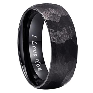 Imagem de TUTISS Anéis de carboneto de tungstênio martelados em ouro preto e ouro rosa, 6 mm, 8 mm, para homens e mulheres, alianças de casamento com gravação "I Love You", ajuste confortável, Metal não