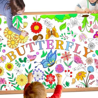 Imagem de PHOGARY Pôster de flores de borboleta, capa de mesa gigante para colorir, toalha de mesa para colorir jumbo para escola, sala de aula, decorações de aniversário, artigos de festa, artesanato