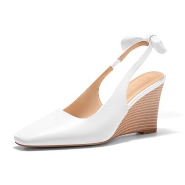 Imagem de Coutgo Sapato social feminino confortável de salto cunha com laço e bico quadrado fechado, Poliuretano branco, 41