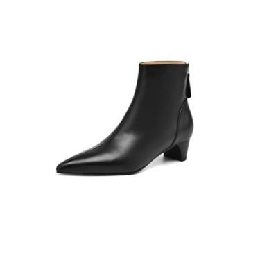 Imagem de TinaCus Bota feminina de couro legítimo feita à mão, salto baixo, zíper nas costas, bico fino, casual, cano curto, Preto, 10 US