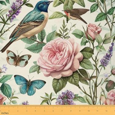 Imagem de Flores rústicas por jarda - borboleta de pássaros exóticos DIY arte tecido impermeável - flores silvestres folhas plantas botânicas ao ar livre - estofamento estilo fazenda - 2 metros, 182 cm C x