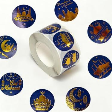 Imagem de Adesivos de Ramadã, 500 PCS Adesivos Eid Mubarak Decorações Ramadã Suprimentos de Festa Eid Mubarak Sacos de Presente Etiquetas Autoadesivas Envelope Selos Adesivos (Azul-Dourado)