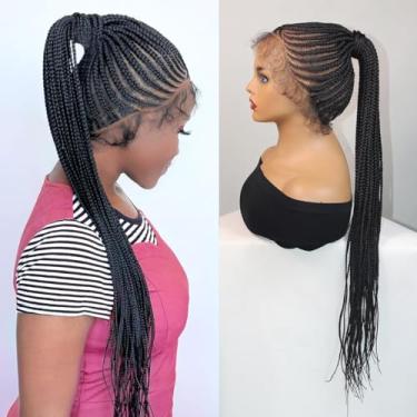 Imagem de Peruca trançada de rabo de cavalo de 76 cm de altura para mulheres negras Updo trançado perucas entrelaçadas com rabo de cavalo cruzado frontal sem nós peruca trançada sem nós com cabelo de bebê