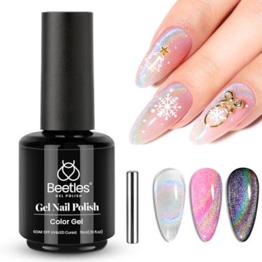 Imagem de Esmalte de unhas Beetles Prismatic Christmas Cat Eye Gel – Esmalte de gel de olho de gato arco-íris prateado de Natal de 15 ml com ímã de imersão em veludo UV para salão de beleza DIY Manicure