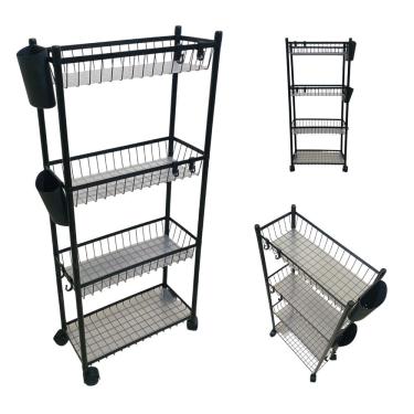 Imagem de Carrinho Organizador 4 Prateleira Multiuso Cozinha Tempero Mantimentos Lavanderia Banheiro Higiene Ganchos E Escorredor