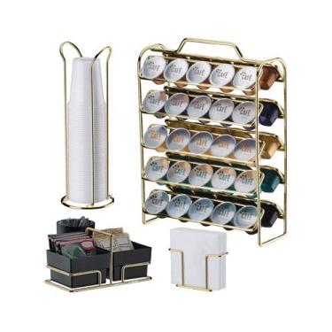 Imagem de Kit Suporte Cápsulas Nespresso + Porta Guardanapos Copos Sachês Preto 