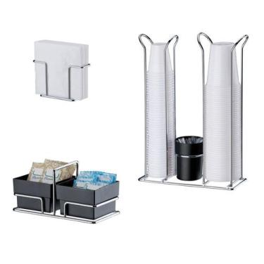 Imagem de Kit Café 3 Peças Suporte Copos Duplo Porta Saches Guardanapos Cromado 