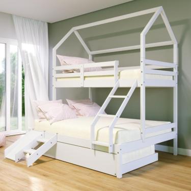 Imagem de Treliche Casinha Casal-solteiro Slim Rb E Mini Escada-escorregador Madeira Maciça Branco Housin