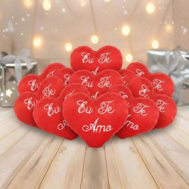 Imagem de Combo 10 Almofadinhas Coração De Pelúcia 13 Cm Frase Bordada Eu Te Amo