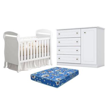Imagem de Berço Americano Danny Branco Acetinado Reller E Cômoda Infantil Americano Branco Hp E Colchão Tendtudo - Henn.