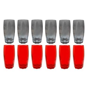 Imagem de Kit Copos de Vidro 370ML 6 Vermelho + 6 Cinza Suco Água Drinks - PRATI