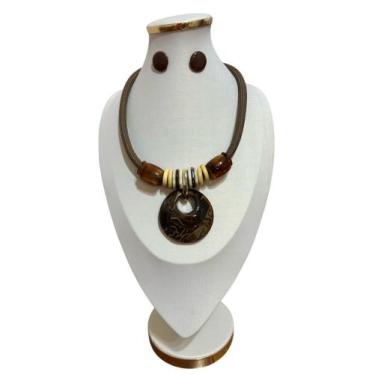 Imagem de Colar Maxi Feminino Pedra Resina Fio Encerado kit com brinco - MLBpel,