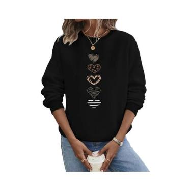 Imagem de Blusão Feminino Casual Com Estampa De Coração, Manga Longa, Gola Redon