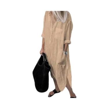 Imagem de Vestido Feminino Casual De Verão Em Algodão E Linho, Elegante, Cor Sól
