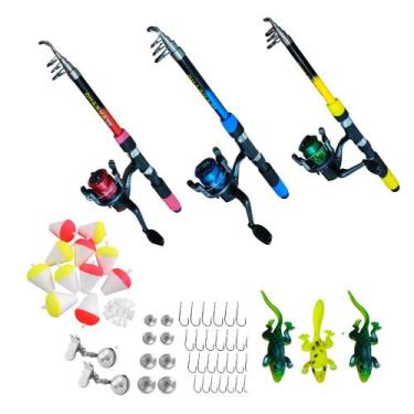 Imagem de Kit De Pesca Completo 3 Vara+molinete+linha+anzol+isca - Dharma