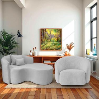 Imagem de Kit Recamier Curvo Sala De Estar 150cm Lado Direito E Poltrona Orgânica Luxo Amore Linho Cinza Claro
