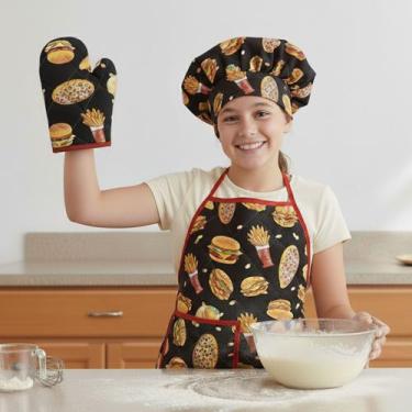 Imagem de Kit Avental Juvenil de Cozinha Infantil Kids com Touca e Luva Estampad