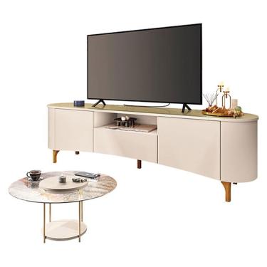 Imagem de Rack Bancada Elara Off White Champanhe Com Mesa De Centro Sky Com Tampo De Vidro Off White - Hb Móveis