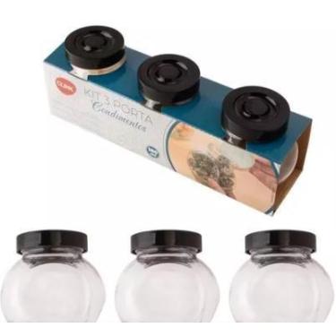 Imagem de Porta Condimentos em Vidro 3 Potes Tampas Pretas Temperos 180ML - Clin