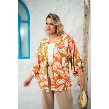 Imagem de Kimono plus chic Verde e Laranja Gerbera - Mais na Moda Plus, Verde, U