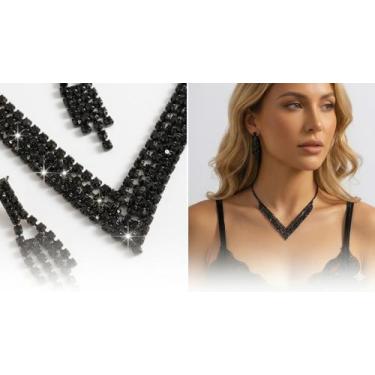 Imagem de Conjunto Colar Feminino e Brincos Kit Strass Preto Banhado Acessórios 