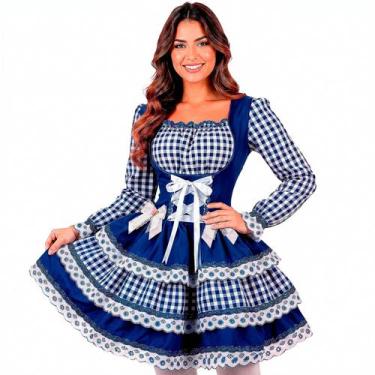 Imagem de Vestido Festa Junina Adulto Feminino Xadrez Manga Longa de Luxo Ajustá