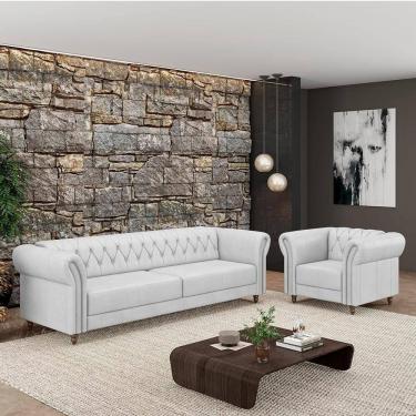 Imagem de Conjunto Sofá e Poltrona Stanford Chesterfield G58 Branco Couro para Sala de Estar Gran Belo