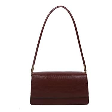 Imagem de Bolsa de ombro feminina de couro com aba, pequena, bolsa de axila, moderna, clássica, elegante, bolsa de noite, Marrom escuro