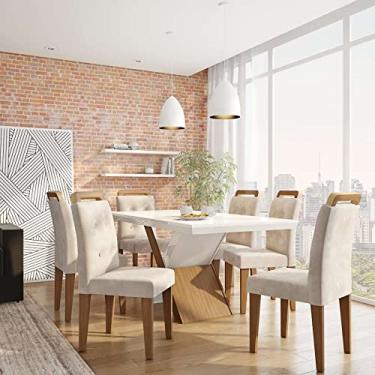 Imagem de Conjunto de Mesa de Jantar com Vidro e 6 Cadeiras Inês Veludo Creme e Off White