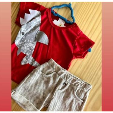 Imagem de Conjunto masculino infantil tubarão shorts E camiseta cor vermelho ou amarelo marca bela fase moda bebê
