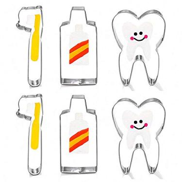 Imagem de 6 peças escova de dentes/pasta de dentes/dentes bonito cortador de biscoito de aço inoxidável cortador de fondant para bebês crianças primeiros dentes decorações de festa suprimentos dentista presente de aniversário