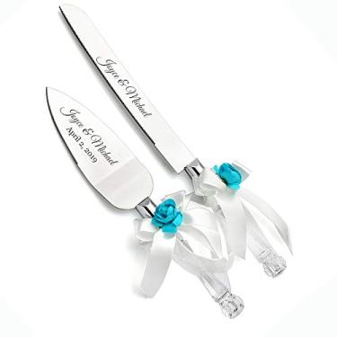 Imagem de Conjunto de facas e servidor de bolo sintéticas gravadas para aniversário, aniversário de casamento, lembrança de casamento (azul)