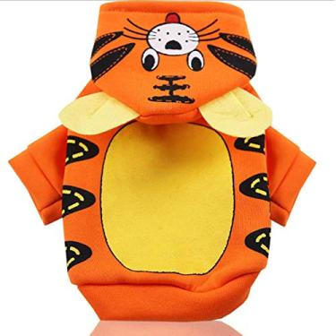 Imagem de SEIS Moletom com capuz para cães de desenho de Halloween com chapéu roupas engraçadas para gatos tigre dinossauro pato abóbora design quente para animais de estimação fantasia de quatro patas para cães pequenos e médios (Tiger, G)
