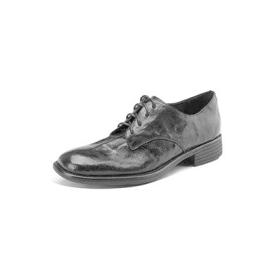 Imagem de TinaCus Sapato Oxford feminino de couro macio feito à mão bico redondo com cadarço salto baixo empilhado, Preto, 8